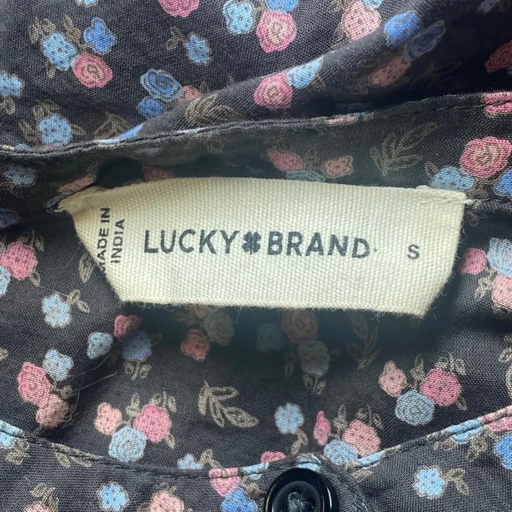 Lucky Brand Womens Ditsy Floral Button Front Blouse Cotton Lace Trim Black Small - Picture 7 of 8